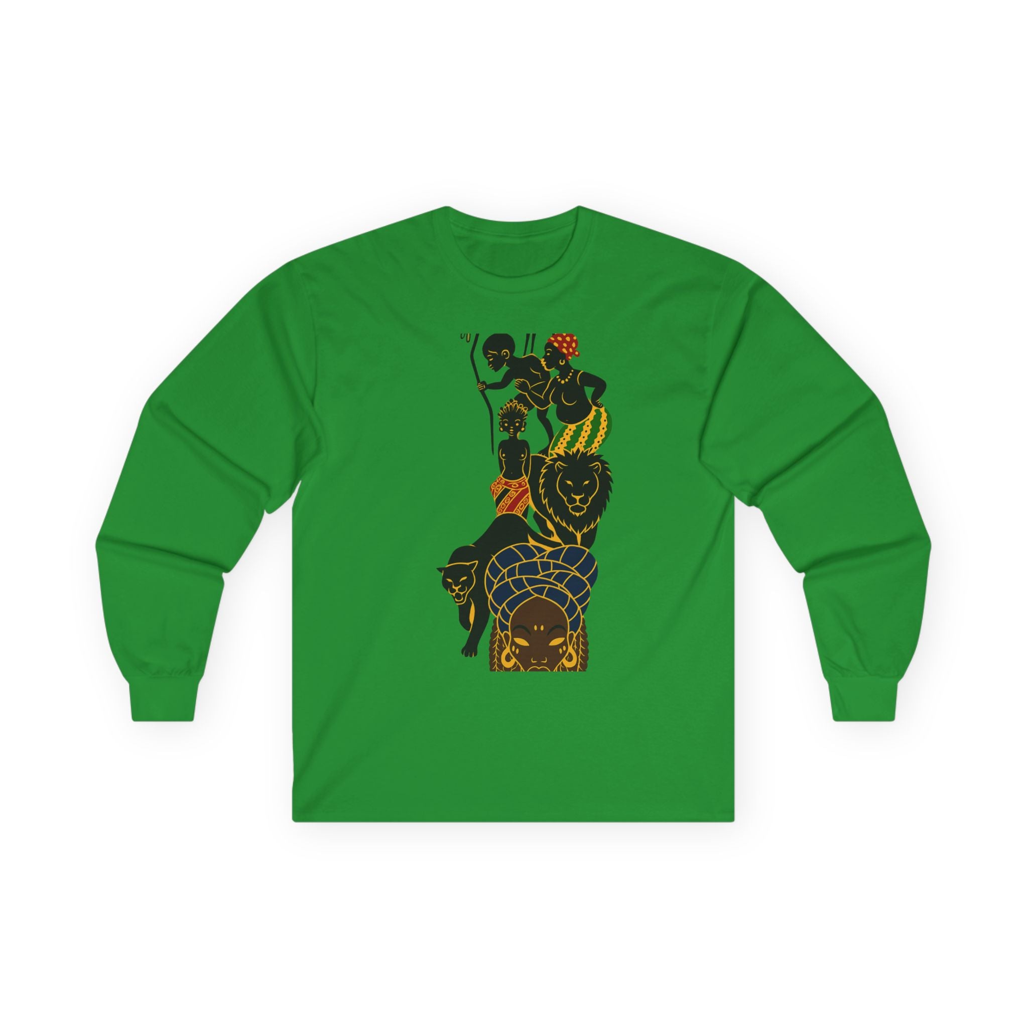 African Warrior Stack Long Sleeve Tee — Bold Tribal Silhouette Graphic