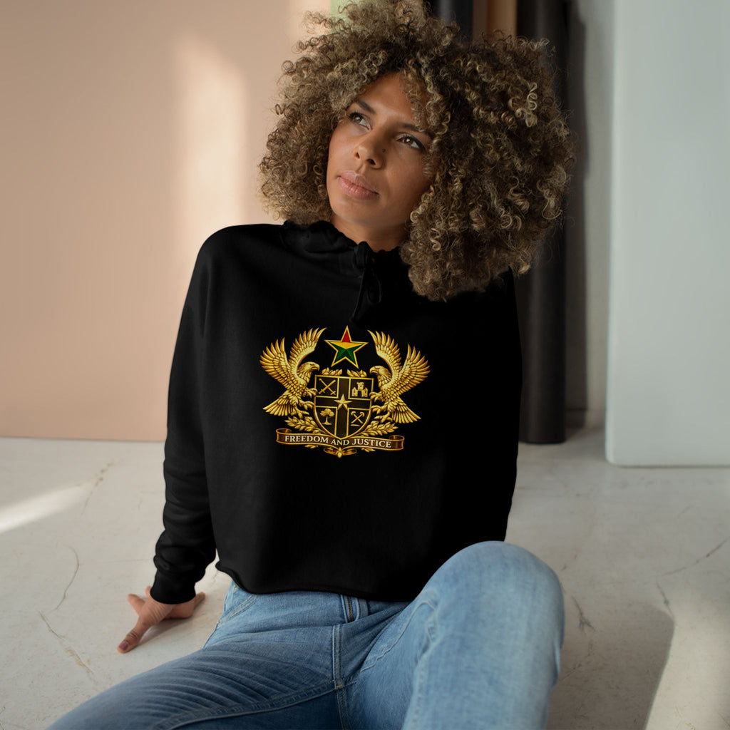 Ghana Coat of Arms Cropped Hoodie - Gold Emblem Casual Crop Sweatshirt
