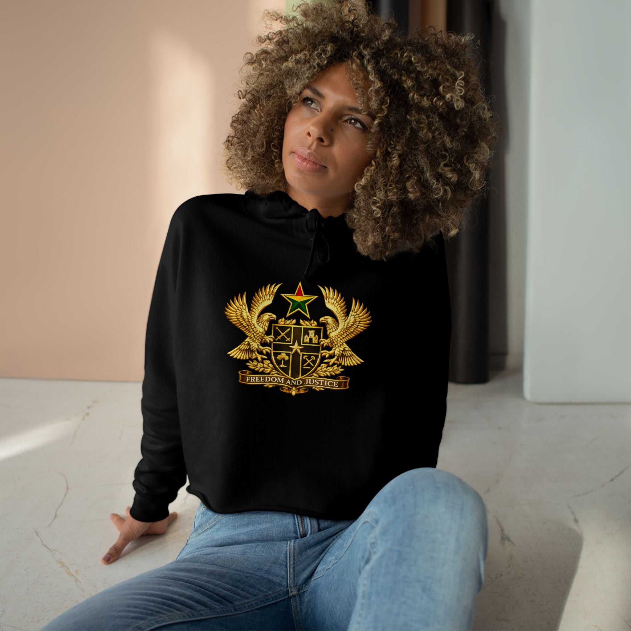 Ghana Coat of Arms Cropped Hoodie - Gold Emblem Casual Crop Sweatshirt