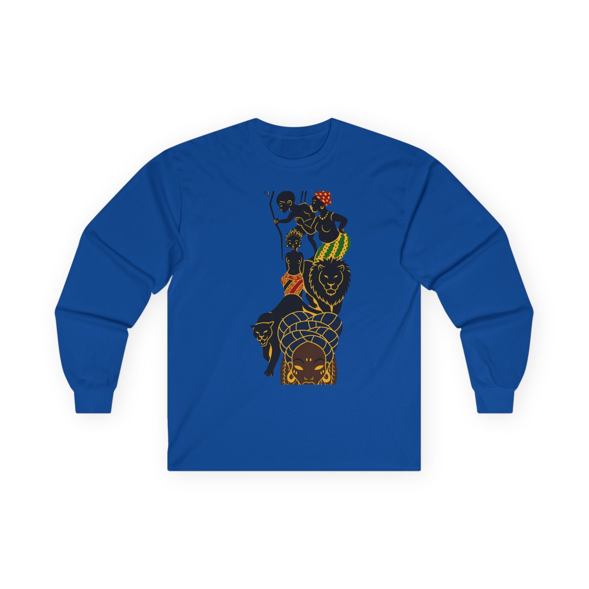 African Warrior Stack Long Sleeve Tee — Bold Tribal Silhouette Graphic