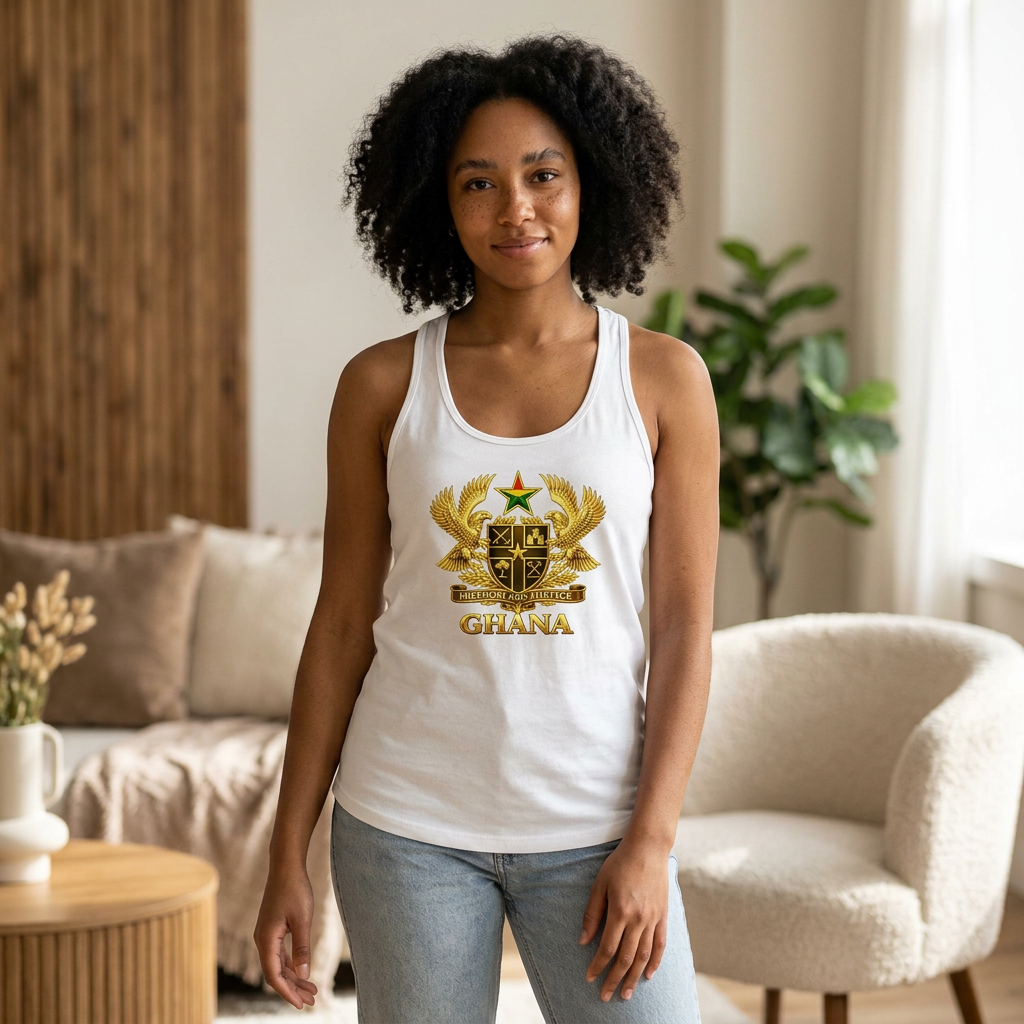 Ghana Crest Racerback Tank Top — Gold Coat of Arms Patriotic Women's Tank