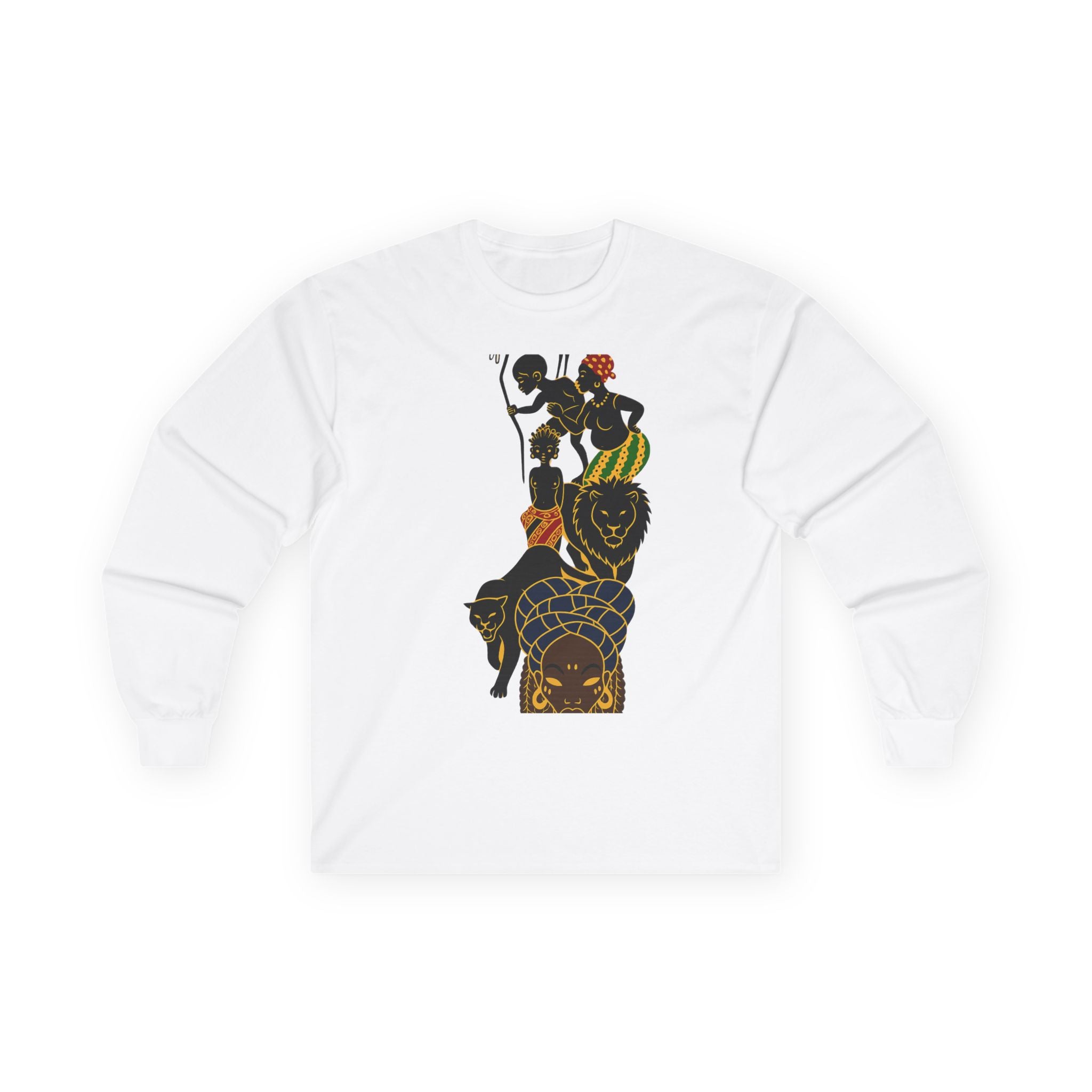 African Warrior Stack Long Sleeve Tee — Bold Tribal Silhouette Graphic