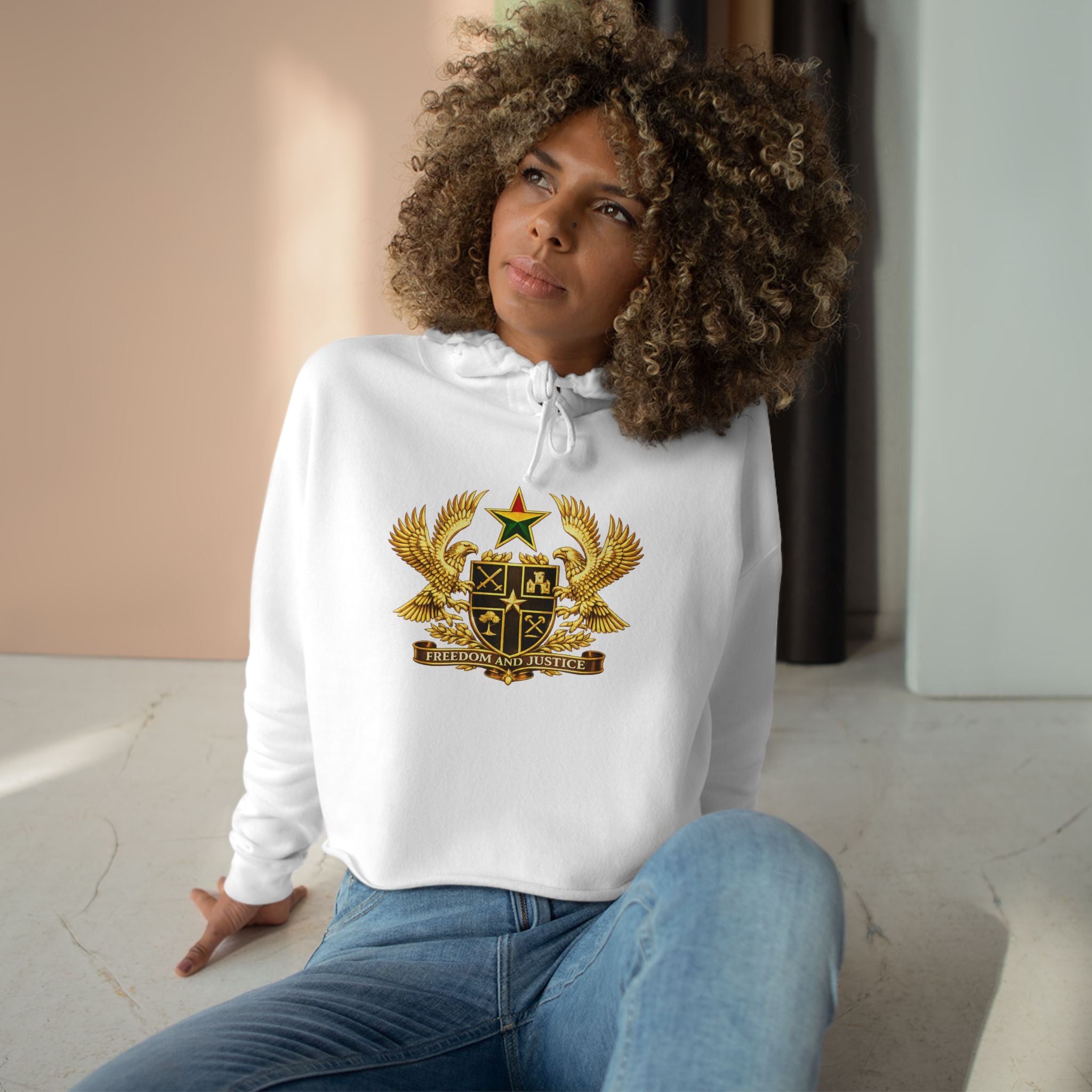 Ghana Coat of Arms Cropped Hoodie - Gold Emblem Casual Crop Sweatshirt