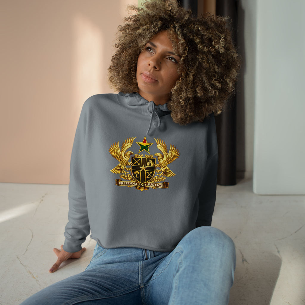 Ghana Coat of Arms Cropped Hoodie - Gold Emblem Casual Crop Sweatshirt
